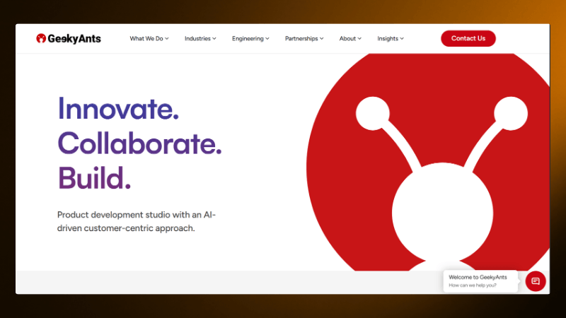 Website homepage of GeekyAnts featuring their logo, navigation menu, and the slogan Innovate. Collaborate. Build.