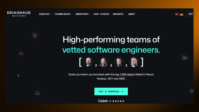 Brainhub homepage featuring top software engineers skilled in React, Node.js, .NET, and AWS with proposal option.
