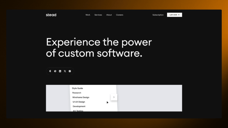 Stead website homepage showcasing custom software services with navigation for work, services, about, and careers.