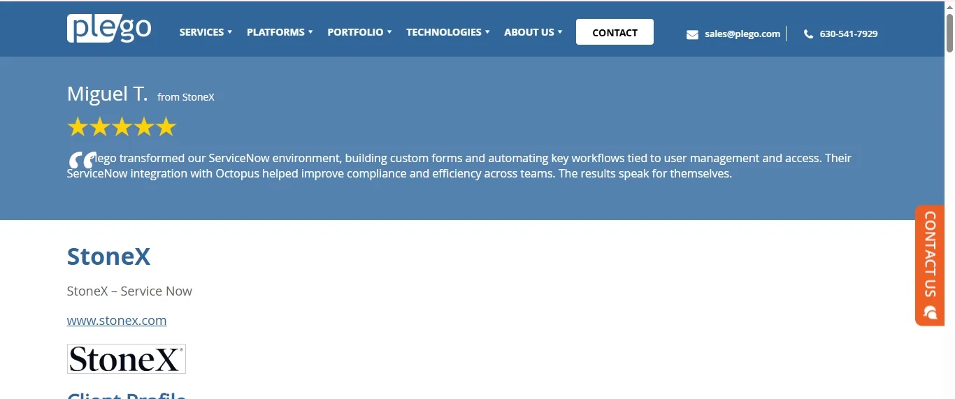 Five-star review for Plego's ServiceNow integration, enhancing compliance and efficiency for StoneX. Contact info visible.