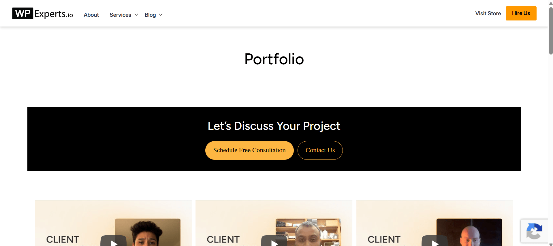 WPExperts.io portfolio page with consultation and contact options, showcasing client testimonials.