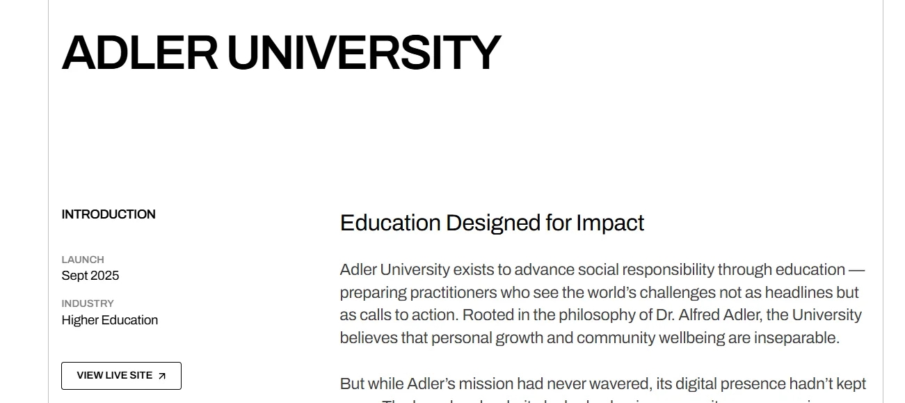 Adler University homepage, launching Sept 2025, focuses on social responsibility in higher education.