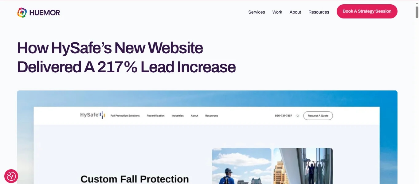 HySafe's new website increases leads by 217% after redesign by Huemor, enhancing online presence and conversions.