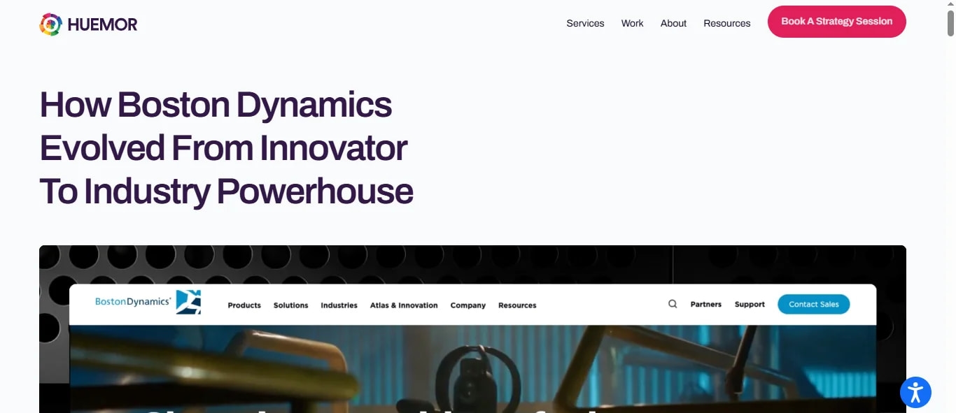 Huemor webpage about Boston Dynamics' growth from innovator to industry leader, featuring services and contact info.