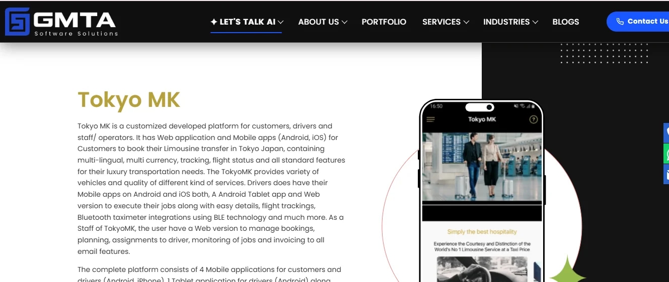 Tokyo MK platform screenshot, showcasing limousine booking and mobile app features for luxury taxi services in Tokyo.