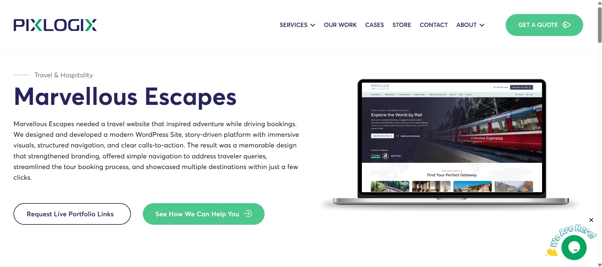 Pixlogix Marvellous Escapes website design for travel bookings, featuring a laptop with a scenic train image.