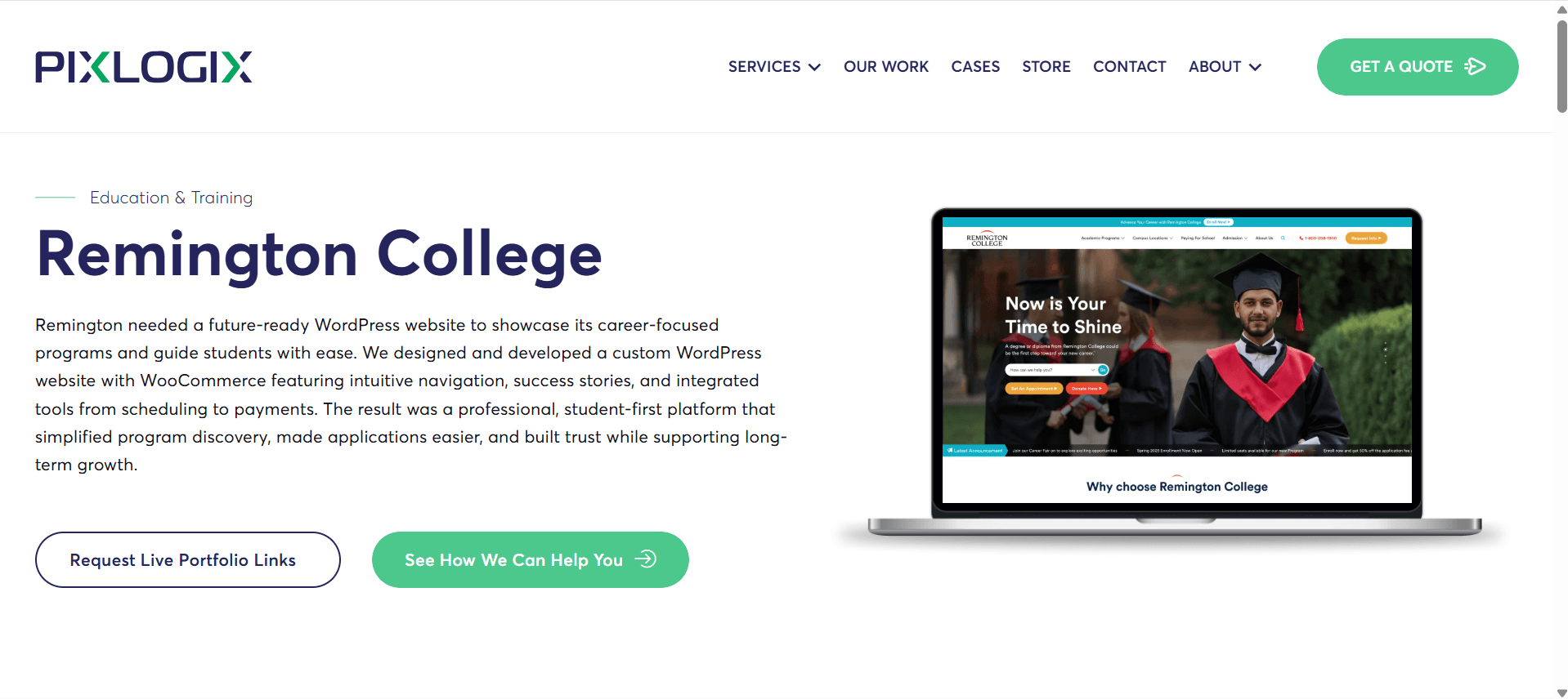 Remington College WordPress site on laptop displays educational success stories and integrated tools for students.