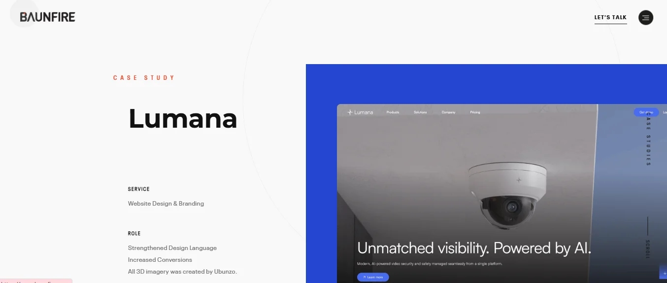 Baunfire case study on Lumana: AI-powered video security website design and branding services.