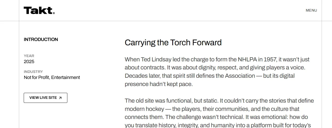Website screenshot with text about NHLPA's digital evolution in 2025, highlighting player dignity and modern hockey culture.