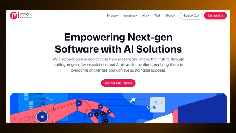 Website homepage promoting AI-driven software solutions with a robotic arm illustration and a call to action button.