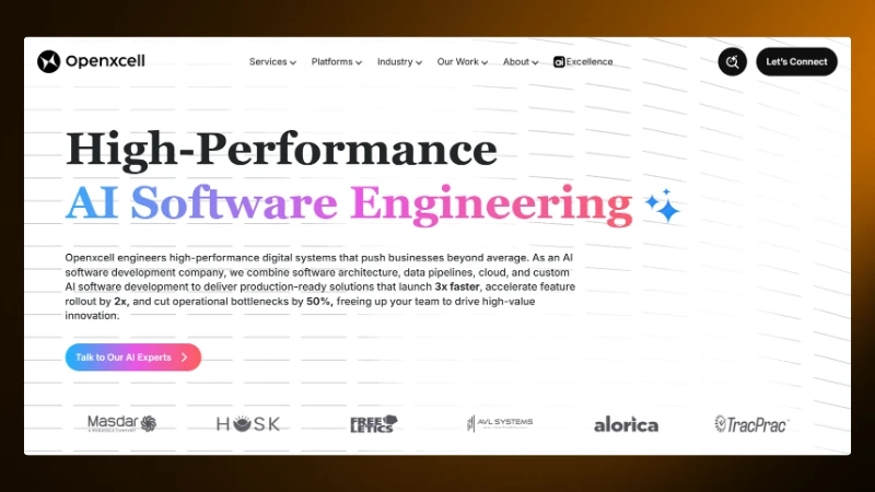 OpenXcell website highlighting AI software engineering services for high-performance digital systems.
