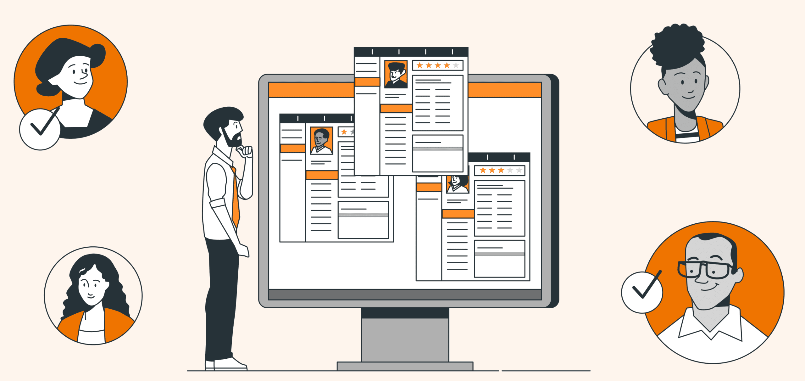 Illustration of a man analyzing resumes on a computer screen with profiles of people and checkmarks.