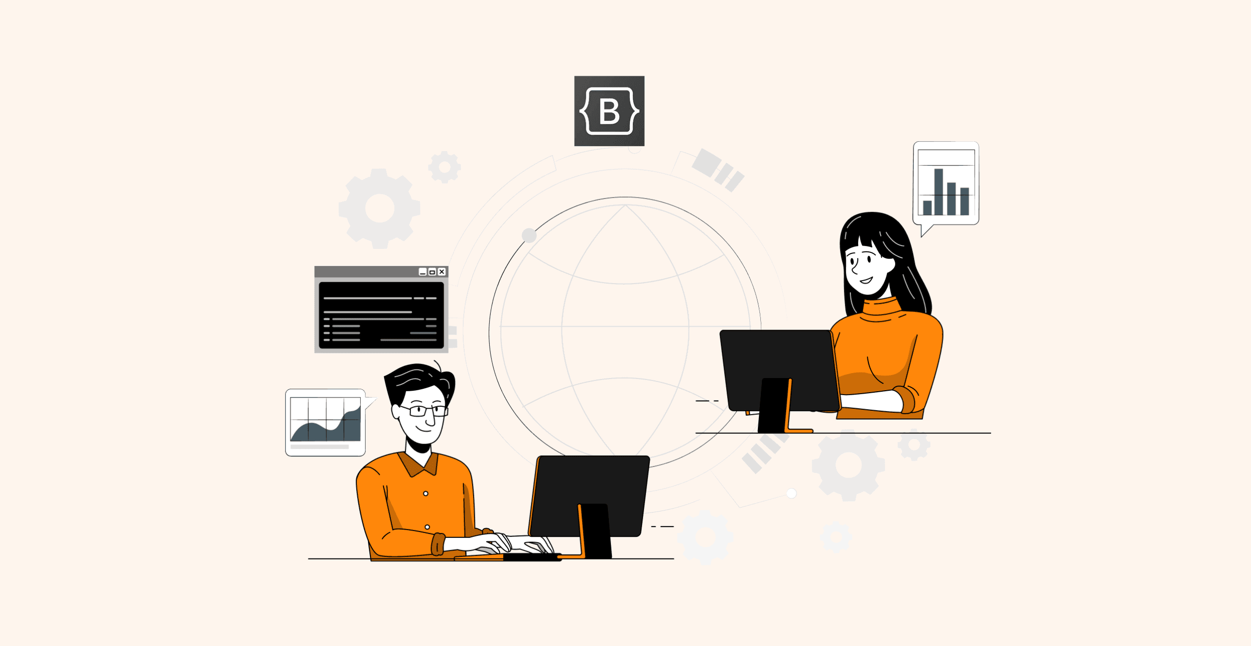 Illustration of two people at computers with data charts, highlighting teamwork and data analysis.