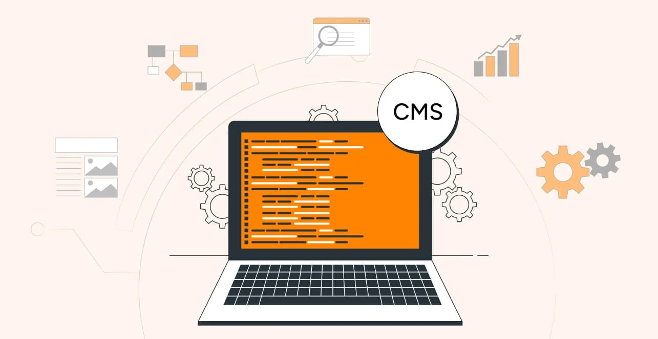 Webflow CMS explained, developer with CMS laptop illustration