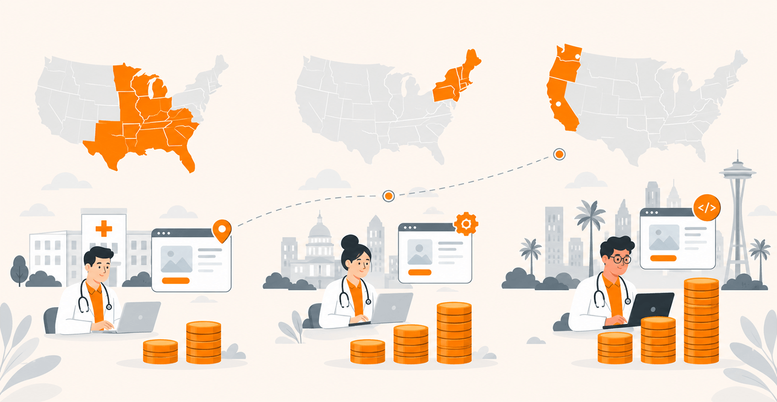 Cost by U.S. Region as a simple 3-region map or strip with hourly rates