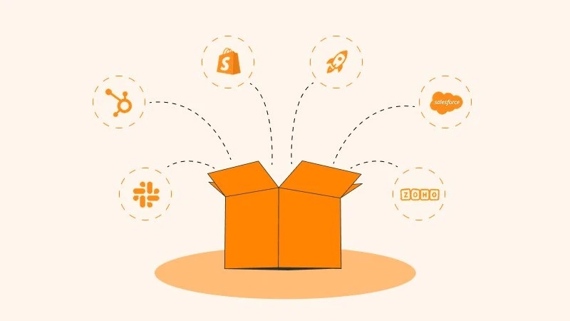 Open box with icons of popular business software: HubSpot, Shopify, Slack, Rocket, Salesforce, Zoho, suggesting integration.