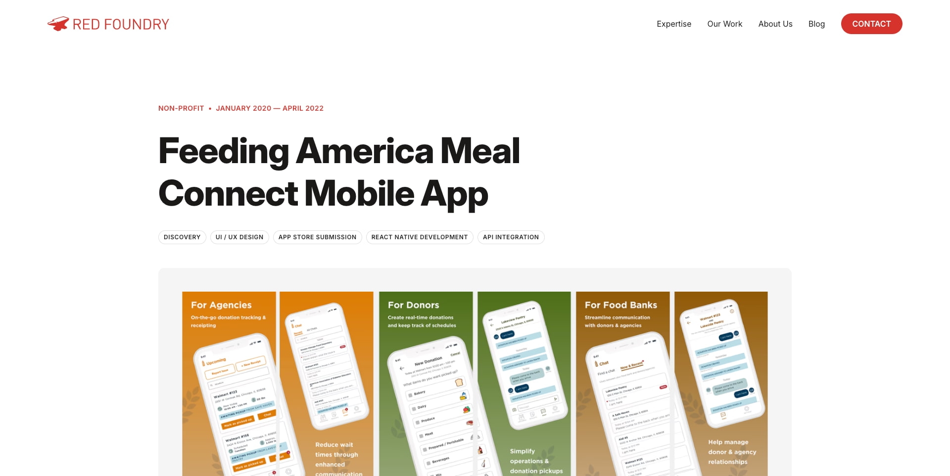 Feeding America Meal Connect app by Red Foundry for agencies, donors, and food banks. Features UI/UX design and app integration.