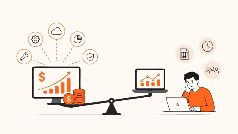 Illustration of business analytics concept with graphs, coins, and a person analyzing data on a laptop.