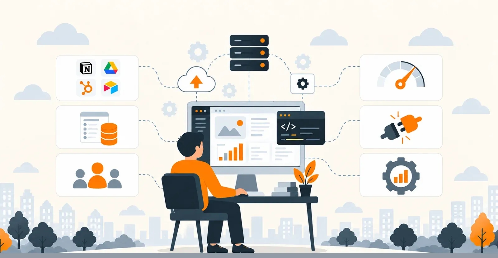 Developer at a desk building a web app connected to integrations like Notion, Google Drive, HubSpot and Airtable, plus a database, user roles, servers, plugins and performance analytics.