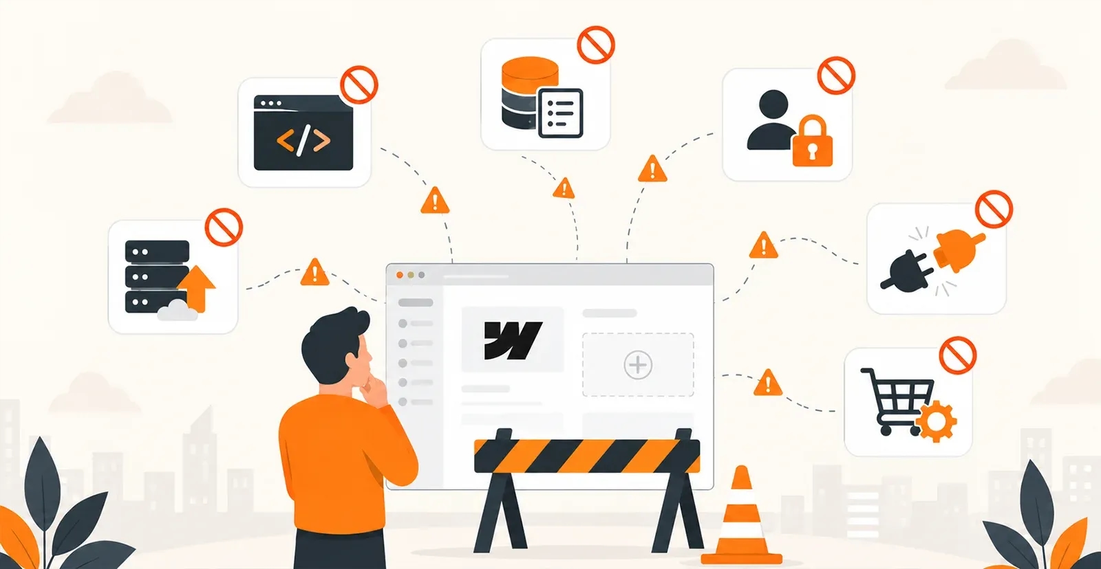 Person looking at a Webflow site blocked by a barrier, surrounded by unsupported features like server hosting, custom code, databases, user accounts, integrations and advanced e-commerce.