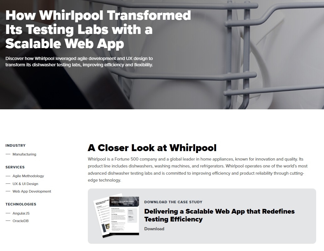 Whirlpool enhances testing labs using scalable web app, improves efficiency with agile, UX design, AngularJS, OracleDB.