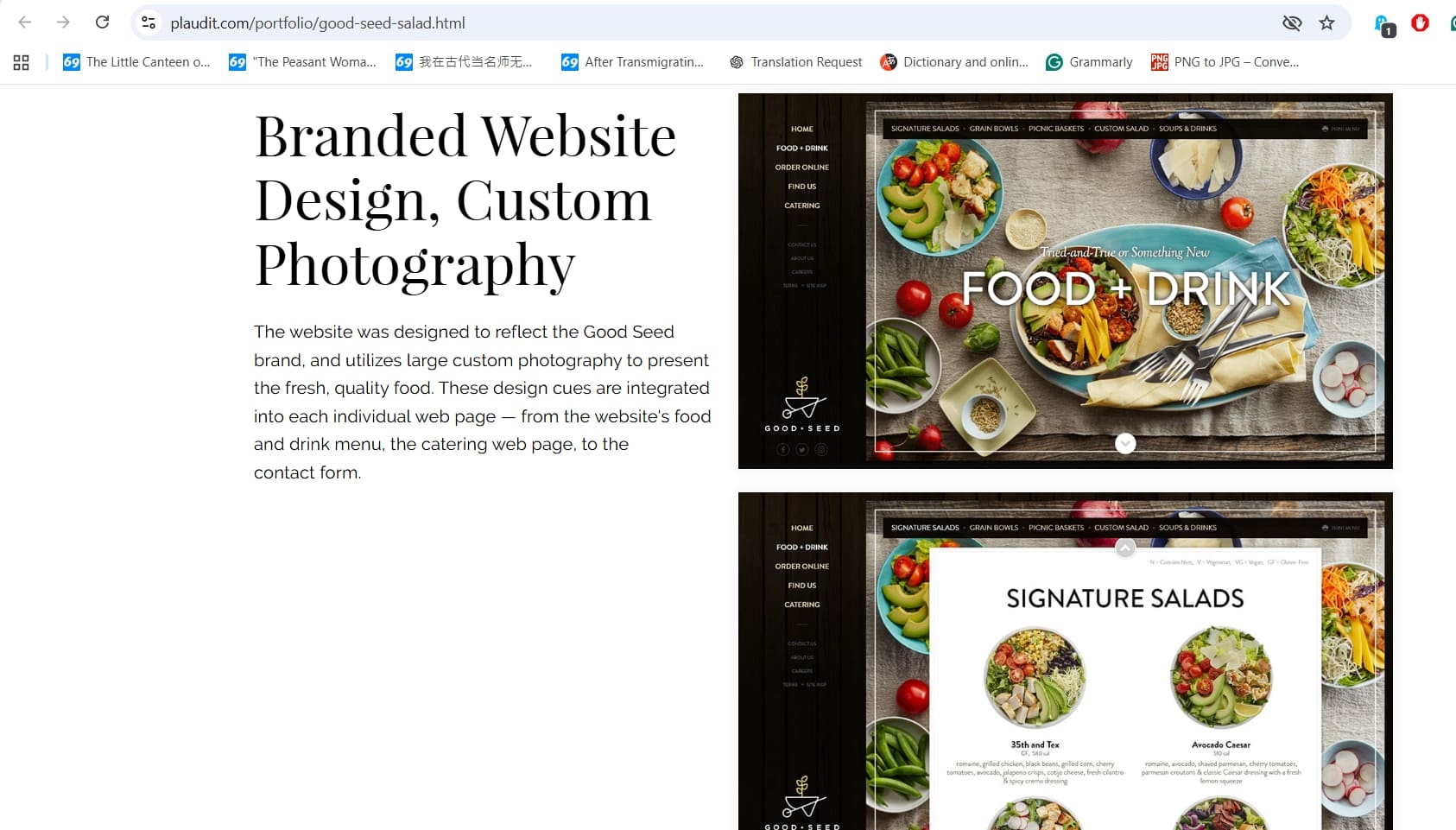 Good Seed website showcasing branded design and custom food photography with vibrant salad imagery.