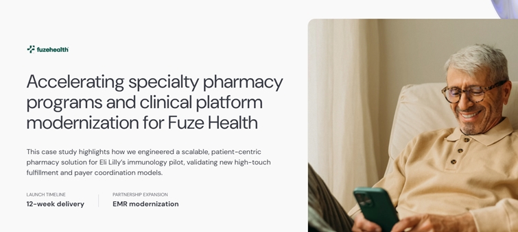 Man smiling while using smartphone, showcasing Fuze Health's specialty pharmacy and platform modernization initiative.