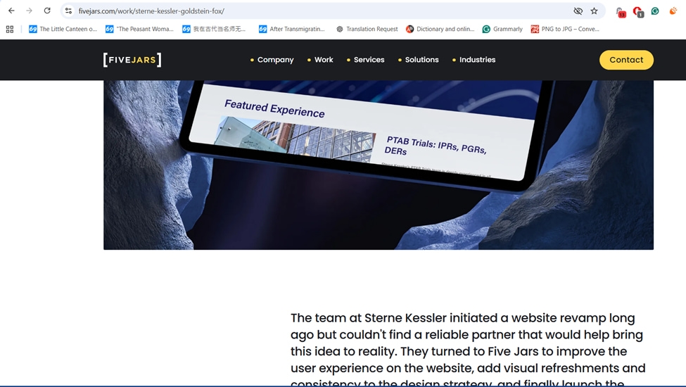 Mobile view of Five Jars website showcasing featured experience in PTAB trials.
