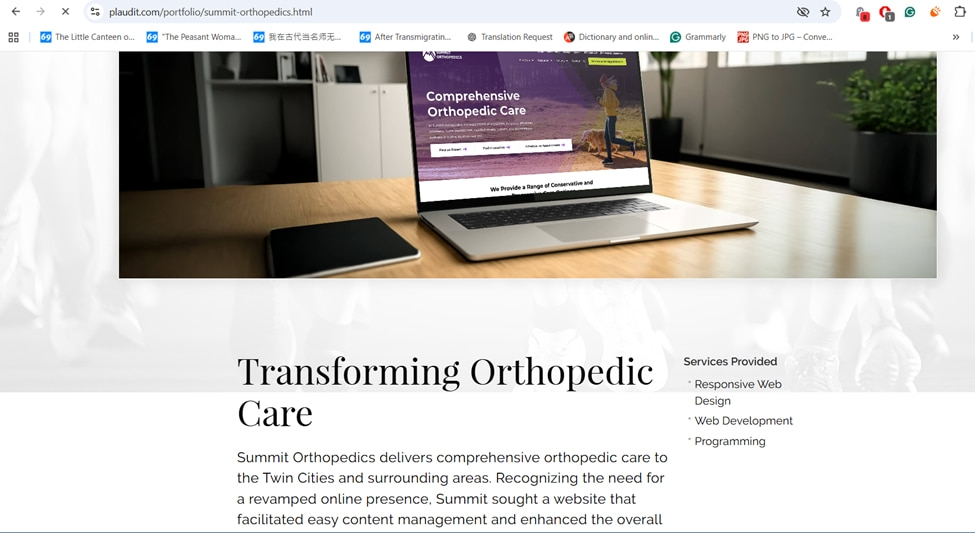 Laptop displaying orthopedic care webpage, promoting comprehensive services and web development.