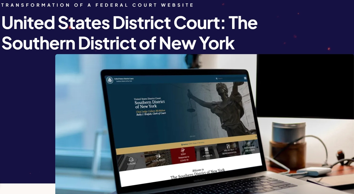 United States District Court: Southern District of New York website displayed on a laptop screen in an office setting.