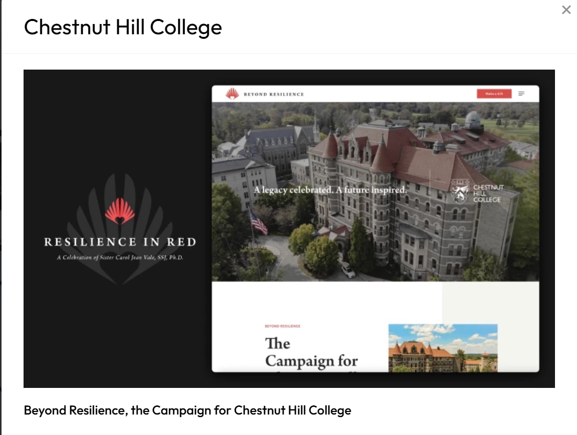 Chestnut Hill College campaign Resilience in Red celebrating Sister Carol Jean Vale's legacy, featuring college image.