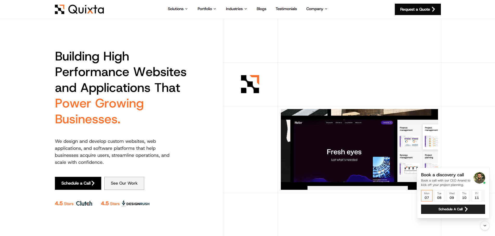 Quixta homepage, Webflow development agency Bangalore