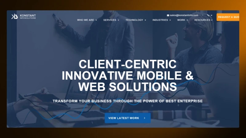 Homepage showcasing client-centric mobile and web solutions, featuring a call to action for viewing latest work.