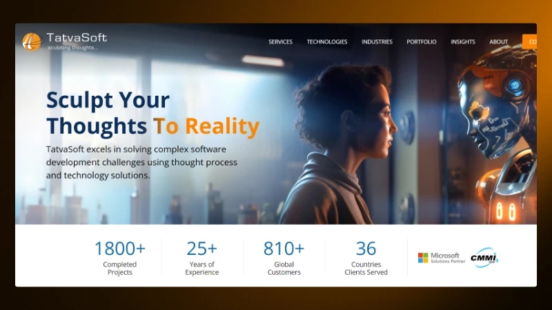 TatvaSoft homepage featuring software development expertise with innovative technology and global experience metrics.