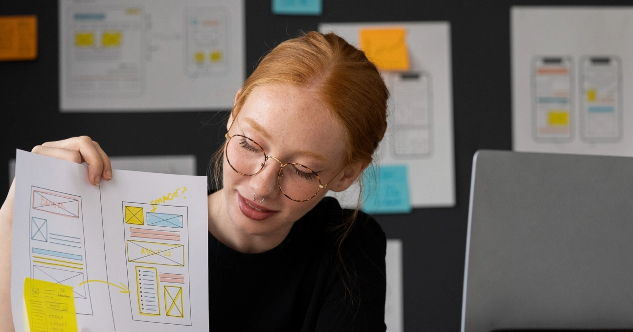 Web designer presenting wireframe sketches in creative office workspace.