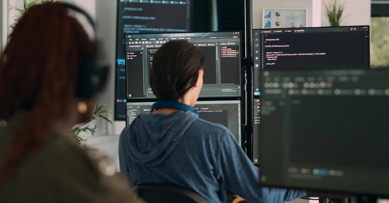 Developer coding on multiple monitors in an office setting, showcasing programming workflow and tech environment.