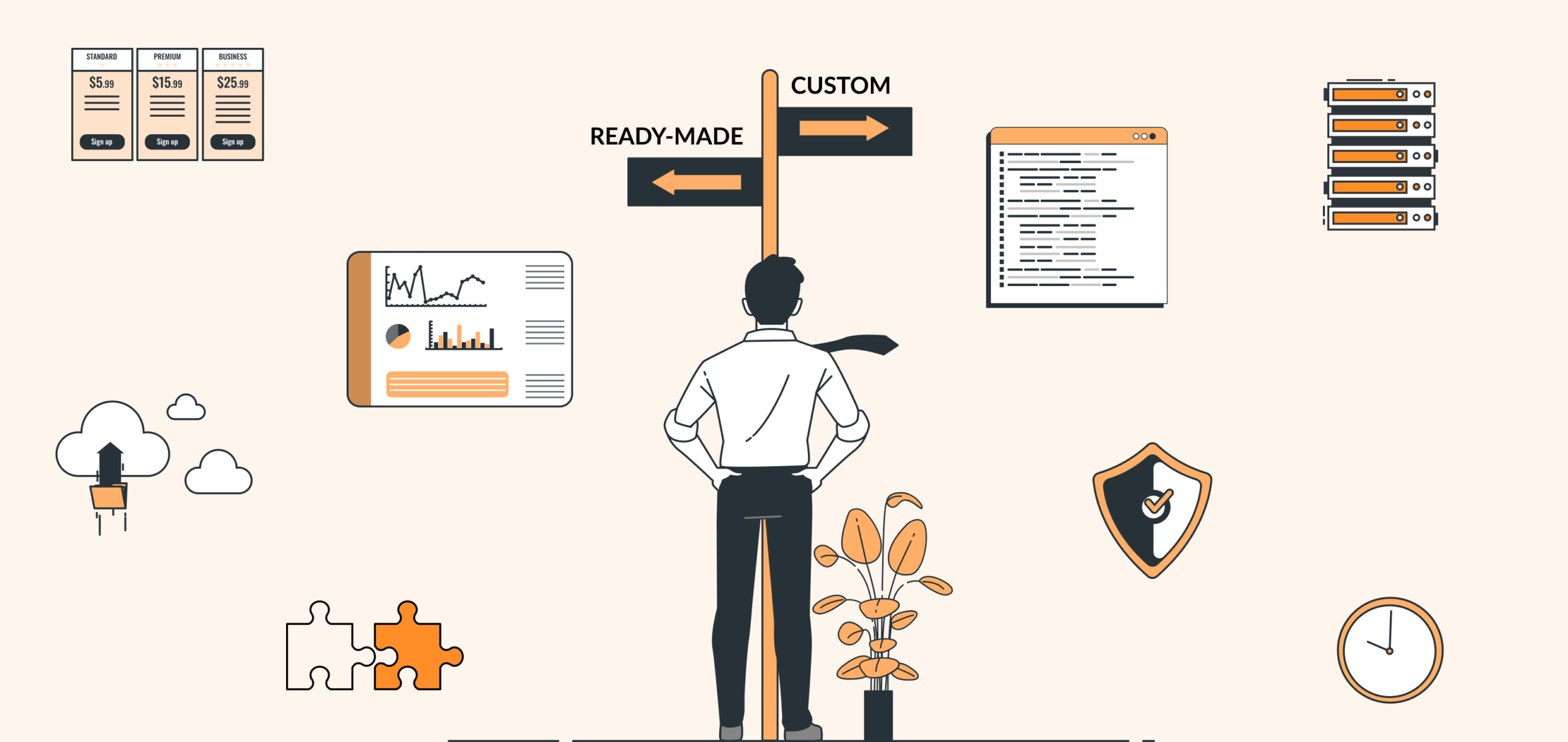 Custom FinTech software development vs ready-made solutions – comparison illustration showing two contrasting digital finance pathways