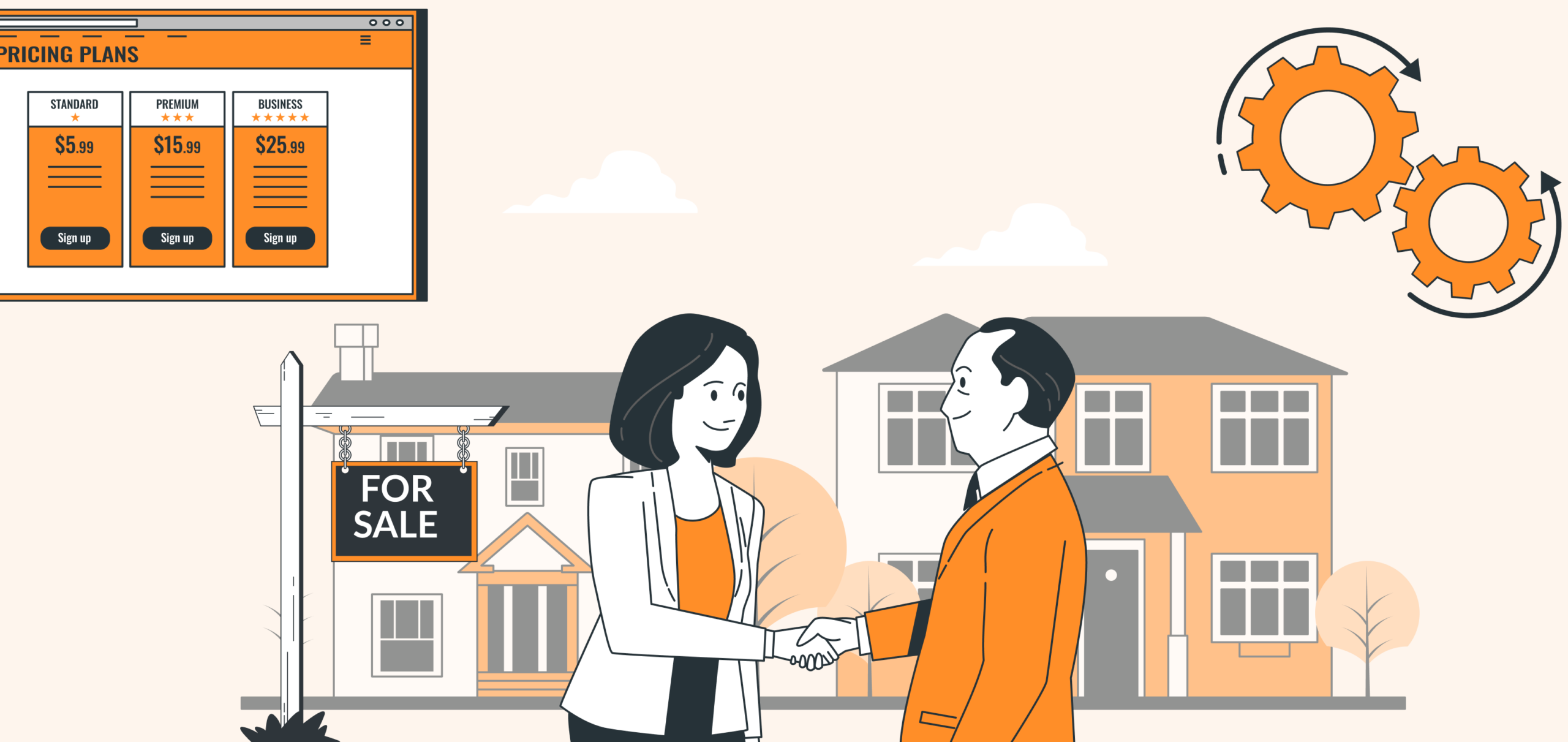 Real estate CRM software development in India – illustration of two agents shaking hands in front of a For Sale house with a pricing plans dashboard on screen
