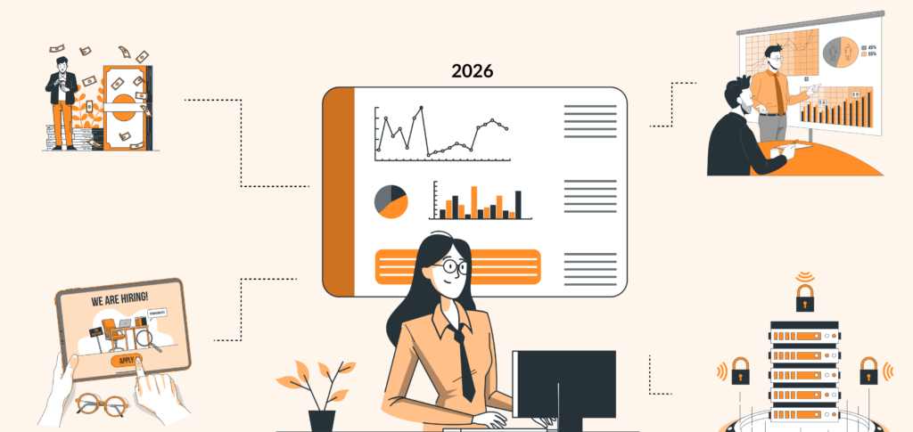 Business strategy 2026: financial growth charts, job hiring, and secure data management illustrations.