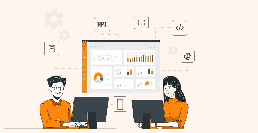 Two people working at computers with data analytics dashboard and digital icons in the background.