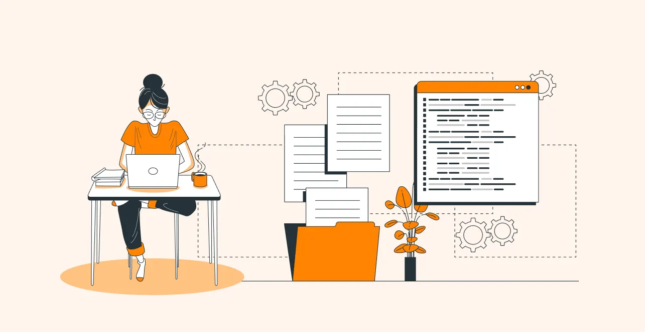 Illustration of a person working on a laptop surrounded by files, code, gears, and coffee, symbolizing productivity.