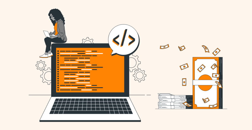 Laptop with code and money illustration, symbolizing earning through programming or coding skills.