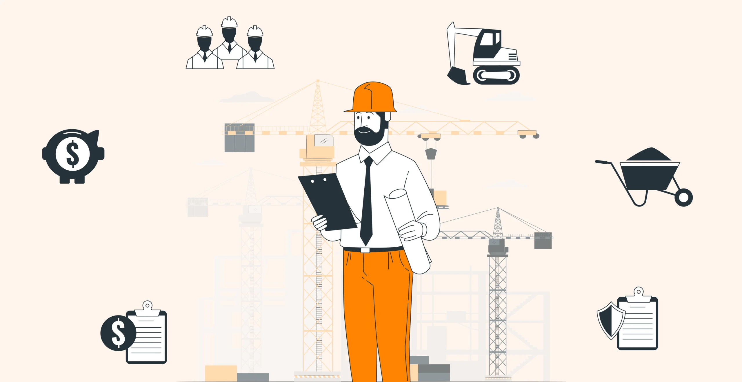 Illustration of a construction worker with plans, surrounded by icons of tools, machinery, and finance, symbolizing planning.