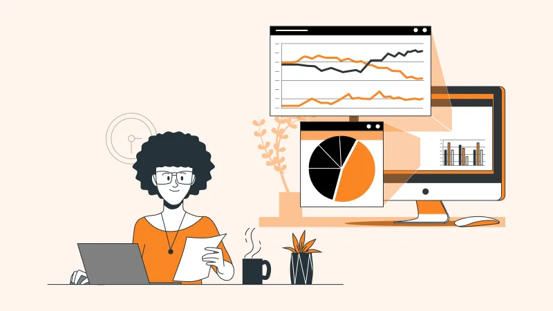 A professional reviewing reports at a desk with business analytics dashboards showing line graphs and pie charts in the background`