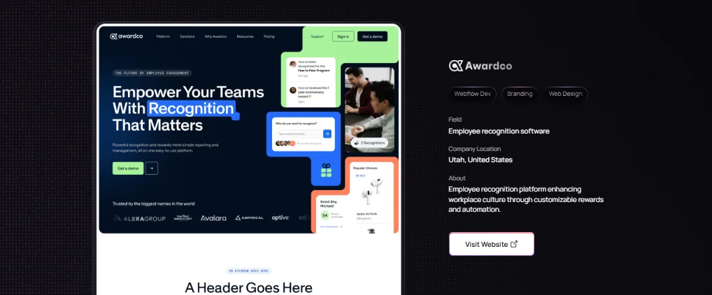Screenshot of a Webflow website built by Amply